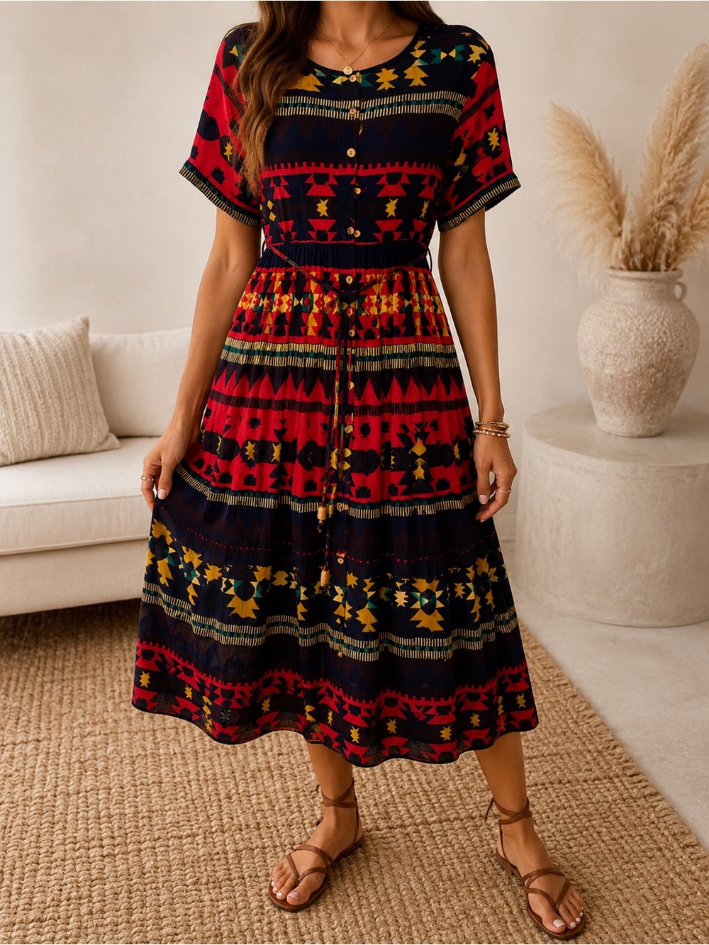 Jasmine Red & Black Printed Midi Dress with Yellow Accents